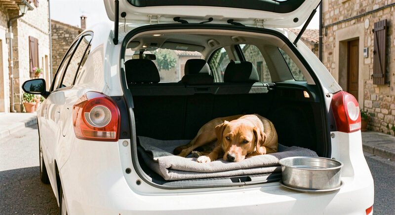 En brun hund ligger på et foldet gråt tæppe i det åbne bagagerum på en hvid bil på en solbeskinnet gade i en provencalsk landsby med stenhuse, og en stålskål med vand står ved siden af
