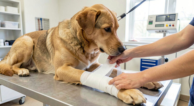 To personer øver førstehjælp på en hundedukke på et bord i et lyst mødelokale
