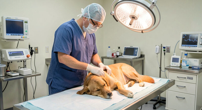 En dyrlæge i operationskitel forbereder en sovende hund på et operationsbord