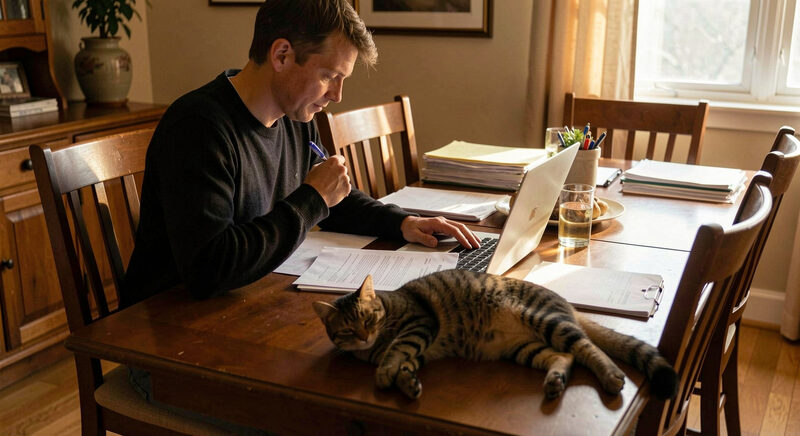 En person sidder ved et spisebord med papirer og en bærbar computer, en kat ligger ved siden af